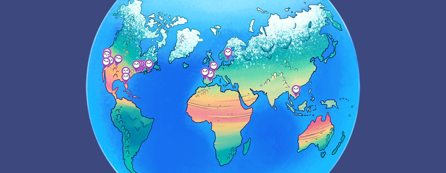 Image contains an illustration of a globe with small Snorble® faces placed in states and countries around the world.