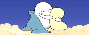 Image contains an illustration of Snorble hugging a pillow and being covered by a blanket. In the background, there are stars in a blue sky and white clouds just below.