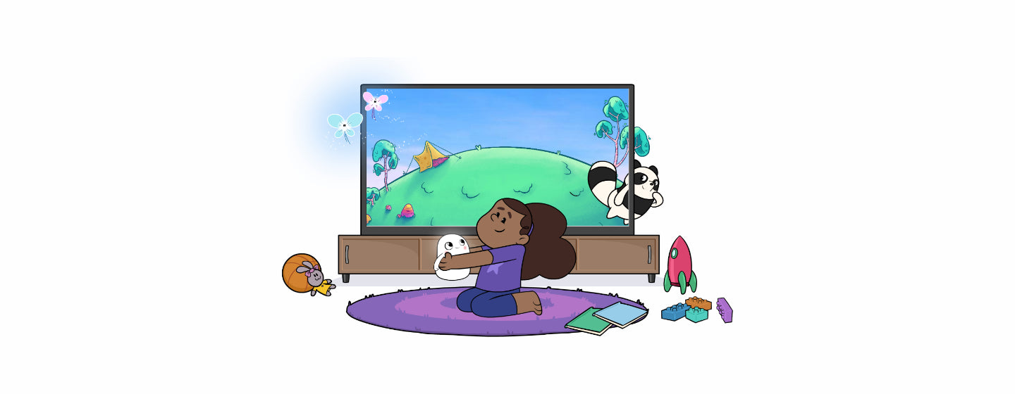 Image contains an illustration of a child holding Snorble® in front of a television. There is a colorful cartoon on the TV, and several characters and objects are peeking out from the side of the screen.