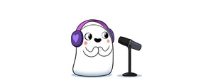 Image contains an illustration of Snorble with purple headphones and a microphone on a small stand in front of them.