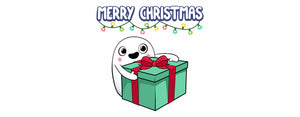 Image contains an illustration of Snorble®, a smart sleep buddy for children, holding a green present with a red ribbon. Above Snorble, there is text that says "Merry Christmas" with a string of Christmas lights below it.